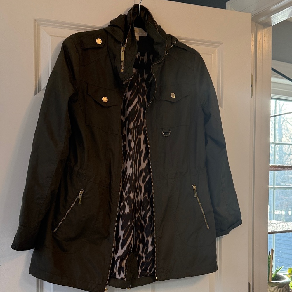 Michael Kors Olive Utility Jacket with Animal Print Lining